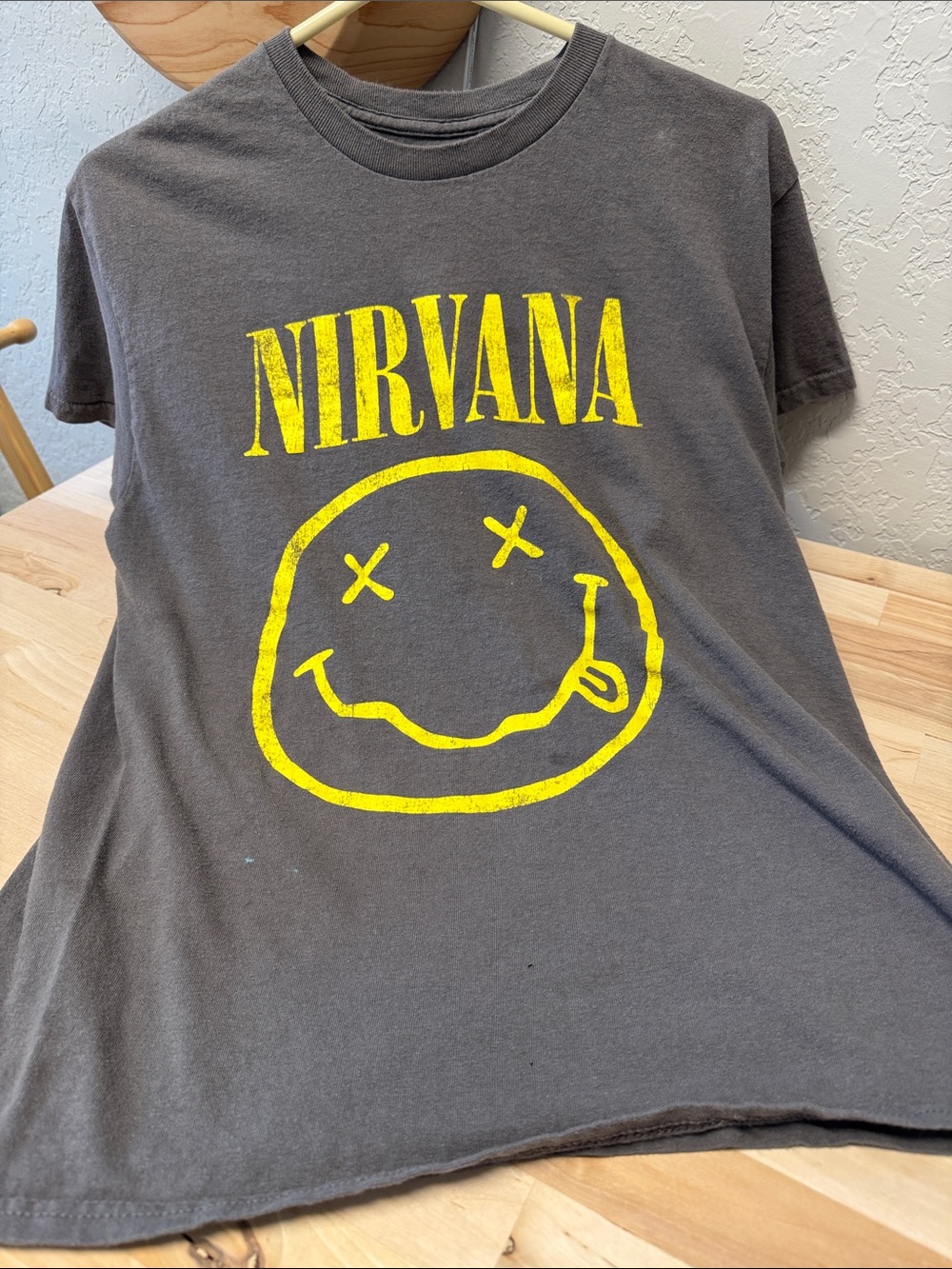 NIRVANA unisex Gray Tee with Yellow Smiley Logo medium